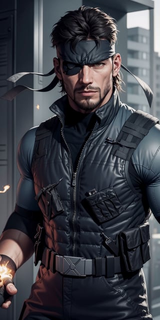 masterpiece,best quality,photo realistic, picture perfect face,eyepatch, headband,lit cigar,black jumpsuit, bulletproof vest,solid snake, grizzled, facial hair,agressive facial expression