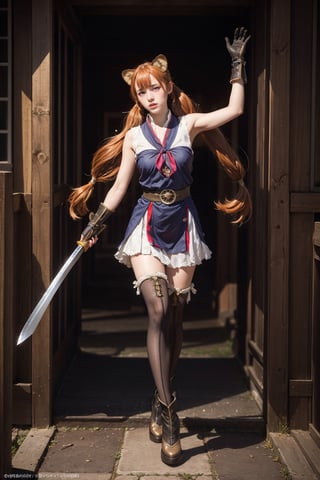 Ultra Detailed, 50mm, official art, unity 8k wallpaper, ultra detailed, aesthetic, masterpiece, best quality, photorealistic, 1girl, orange_hair,blonde_hair, verylong_hair, twin_tails, solo, bangs, blue eyes, white_kneehighs, princess_cut, hime_cut, hair between eyes, fox_ears, elbow gloves, sleeveless, belt, lace_leggings, leather_boots, full body, two bare long legs, white-skinned girl, tall, narrow waist, dynamic pose, dynamic angle, hold_katana, long_katana,river,raccoon_tail,kitsunemimi