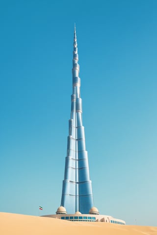 A flat design illustration of the Khalifa Tower in the United Arab Emirates. The tower should be centered in the image with a plain flat blue background . Use soft colors and no textures. Ensure there are no other objects in the image. The overall look should be calm and aesthetic. The design should be in 4K resolution.

,Helltaker style