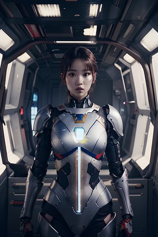  warrior woman holding a sword. Her eyes glow in the dark with orange light. Her sword and armour looks like science fiction gear but it's damaged and dirty. She wears no helmet. She stands in the damaged starship, its top completely missing, light seeping in.,sooyaaa,jennierubyjenes
