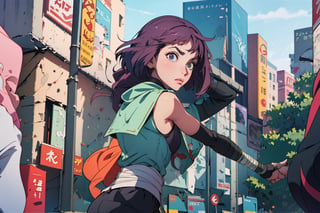 (best quality), (highly detailed), masterpiece, (official art),elbow gloves, bandages, short pants,  sky, (intricately detailed, hyperdetailed), blurry background,depth of field, best quality, masterpiece, intricate details, tonemapping, sharp focus, hyper detailed, trending on Artstation,1 girl, high res, official art,
Animated cartoon style, 1 girl, the woman hears a strange noise and looks back nervously.,an empty city scene as background(bokeh 1.0). The city scene is a bleak scene after the apocalypse.