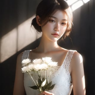 1girl,16yo, portrait, cute girl holding flower, white,straight short hair,Lace Sleeveless Semi-sheer White Shirt Dress,quiet, calm,Beautiful dynamic dramatic dark moody lighting, volumetric, shadows, cinematic atmosphere, Octane render CV, louvres, fog