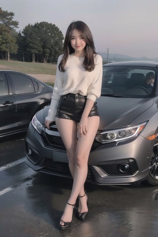  , a photo portrait of btr_alicee, , outdoor,high_resolution,4k,ultra realistic, light smile, nice body, long legs, inside Honda civic