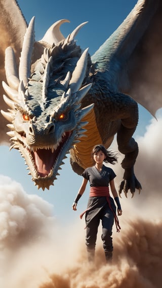 Epic realistic, (darkshot:1), 1girl, ninja floating, flying, surfing on a dragon's head, textured clothing, dragon head, billowing smoke, (((sandstorm))), (flying stone), (( ( Powder Blasting: 1) ), wind, (motion blur), Realistic, alone_focus, (Dark_Background Story), cloud through dragon, manga