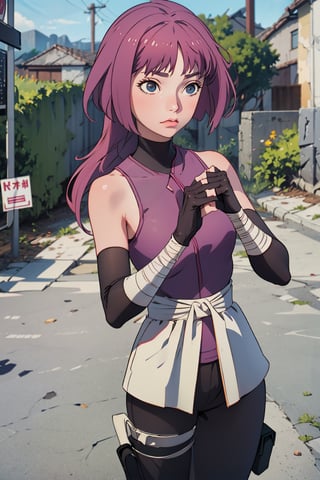 (best quality), (highly detailed), masterpiece, (official art),elbow gloves, bandages, short pants,  sky, (intricately detailed, hyperdetailed), blurry background,depth of field, best quality, masterpiece, intricate details, tonemapping, sharp focus, hyper detailed, trending on Artstation,1 girl, high res, official art,
Animated cartoon style, the camera takes an aerial shot of an empty street scene. The street scene is a bleak scene after the apocalypse.