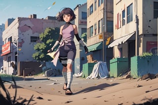 (best quality), (highly detailed), masterpiece, (official art),elbow gloves, bandages, short pants,  sky, (intricately detailed, hyperdetailed), blurry background,depth of field, best quality, masterpiece, intricate details, tonemapping, sharp focus, hyper detailed, trending on Artstation,1 girl, high res, official art,
Animated cartoon style, 1 girl,an empty city scene as background(bokeh 1.0). The city scene is a bleak scene after the apocalypse.camera shot of a pair of black booted feet continuing to walk with papers, newspapers and dust flying on the ground around the feet.