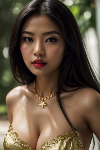 (masterpiece, best quality:1.4), (beautiful, aesthetic, cute, adorable:1.2), (depth of field:1.2), 25 year old girl, asian girl, cute, sexy, perfect female form, expressive eyes, long hair, silky hair, mid day, bokeh, vibrant colors, heavy make-up, bloody red lipstick, gold necklace, cleavage, lots of cleavage, greenary background,perfecteyes,