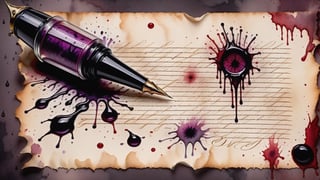 Inkstains, small lavender pen, bloody background, horror theme, wallpaper, high quality, beautiful, highly detailed, 8k, crooked parchment paper,
