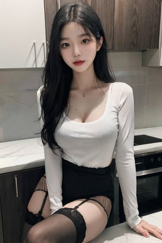 RAW photo of Su-Bin Kang, 18 years old, sitting on kitchen_countertop, perfect female form, (Industrial Net Stockings), raytracing
