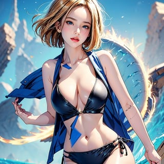 android 18,1girl, blush, side-tie_bikini, full_face, showing bobs,
