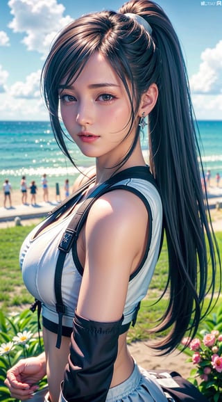 Summer Wallpaper, 1girl long hair, long_ponytail, Grass, Few Flowers, Big Clouds, Blue Sky, seaside, Hot Weather, HD Detail, Moist Watermark, Ultra Detail, Film, Hyper Realism, Soft Light, Deep Focus Bokeh, Ray Tracing, and Hyper Realism, birdview,ftifa