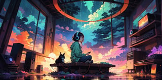 fine art,  oil painting, amazing sky,
.
European Hippie Girl meditating in her room, dreaming, Wear headphones, night lights, Neon landscape on a rainy day, Analog Color Theme, Lo-Fi Hip Hop , retrospective, flat, 2.5D ,Draw a line, Ink Drawing, Large slope, Watercolor painting, Goosch Colors, Studio Ghibli Style, Awesome colorful, Outer Ton, krautrock, lofi art,  70s style,Old texture, amplitude,psychedelic vibe, masterpiece, Tremendous technology,
.
Makoto shinkai style, 2d, flat, cute, adorable, vintage, art on a cracked paper, fairytale, storybook detailed illustration, cinematic, ultra highly detailed, tiny details, beautiful details, mystical, vibrant colors, complex background,more detail XL,girl,lofi