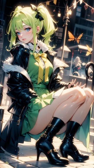 Anime,Alice, anime style, blue eyes, dark Green dress with a karset, white small skirt, black green sleeves, black green glove on the right hand, Gold bows on the forearms, long black boots ending with royal trims, yellow with blue stones tied, blond hair, yellow coat, stetson with black and yellow roses,n_2b,asian girl