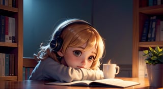 fine art, digital painting, amazing sky, pixar style,
.
25 years old girl, reading book, Wear headphones, aesthetic, digital illustration, soft colors, minimalistic, cozy outdoors, bookshelves, desk cluttered with papers, cup of coffee, potted plant, melancholic atmosphere, night lights, side view,
.
cute, storybook detailed llustration, cinematic, ultra highly detailed, tiny details, beautiful details, vibrant colors