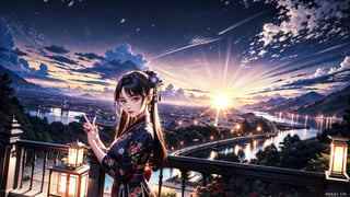 2 girl standing in a garden on a mountain,flowy short dress,lace,ornate details,big detailed eyes looking at viewers,hair ornament,floral arrangement,lanterns,4k ,windy,photorealistic,depth of field,highly detailed,quju,hanfu,shoes,kirara /(genshin impact/), playfull, happy, 2girls, new moon, goyounjung,