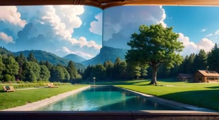 fine art, digital painting, amazing sky, pixar style,
.
 Woman, reading book, Wear headphones, aesthetic, digital illustration, soft colors, cozy outdoors, bookshelves, cup of coffee, potted plant, bench, tree, grass, water reflection, melancholic atmosphere, side view,
.
cute, storybook detailed llustration, cinematic, ultra highly detailed, tiny details, beautiful details, vibrant colors