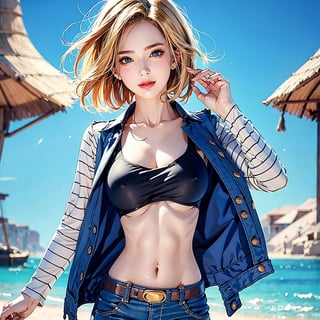 android 18,1girl, blush, side-tie_bikini, full_face, showing bobs, jacket
