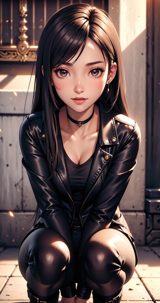 beautiful 22 year old Koreanwoman, medium shot, dark brown eyes, detailed eyes, detailed iris, detailed face, brown hair color, beautiful hair, big smile(looking at viewer), black leather jacket, black leather pants, black boots, jewelry, makeup,  intricate details, depth of field, (detailed face:1.2), (detailed eyes:1.2), (detailed background), (gradients), colorful,  visual key, shiny skin, Medium shot, Action camera. Portrait film. Standard lens. Golden hour lighting. sharp focus, 8k, UHD, high quality, intricate detailed, highly detailed, hyper-realistic Channel a cute and sexy look, creating a dramatic and captivating silhouette,(Very beautiful cute face :1.2), looking at the viewer,((centered image)), crouching, leg_spread,1 girl