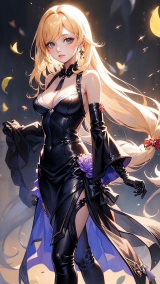 Anime,Alice, anime style, blue eyes, dark Green dress with a karset, white small skirt, black green sleeves, black green glove on the right hand, Gold bows on the forearms, long black boots ending with royal trims, yellow with blue stones tied, blond hair, yellow coat, stetson with black and yellow roses,n_2b,asian girl,long skirt,high_school_girl,Android_18_DB,defTifa,kirara /(genshin impact/)