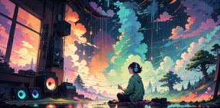 fine art,  oil painting, amazing sky,
.
European Hippie Girl meditating in her room, dreaming, Wear headphones, night lights, Neon landscape on a rainy day, Analog Color Theme, Lo-Fi Hip Hop , retrospective, flat, 2.5D ,Draw a line, Ink Drawing, Large slope, Watercolor painting, Goosch Colors, Studio Ghibli Style, Awesome colorful, Outer Ton, krautrock, lofi art,  70s style,Old texture, amplitude,psychedelic vibe, masterpiece, Tremendous technology,
.
Makoto shinkai style, 2d, flat, cute, adorable, vintage, art on a cracked paper, fairytale, storybook detailed illustration, cinematic, ultra highly detailed, tiny details, beautiful details, mystical, vibrant colors, complex background,more detail XL,girl,lofi