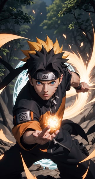 "Generate an image of Naruto Uzumaki from the popular anime series 'Naruto' using his signature jutsu, the 'Rasengan.' Naruto stands with determination, his blond hair flowing, and his bright blue eyes focused. He holds his palm out, surrounded by swirling chakra that forms the Rasengan, a spiraling sphere of energy. The scene is set against a backdrop of a lush forest, canopy light, shining sphere rasengan, with leaves rustling in the wind as Naruto's power radiates through the air. Capture the essence of Naruto's spirit and determination as he unleashes his formidable ninja abilities.",n4rut0