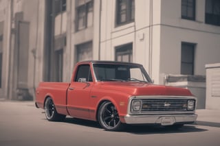 1972 chevy c-10, vibrant red color, black rims and low profile tires, truck is centered in photo, truck is slammed, realistic, photorealism, modern city scenery, dark tinted windows, 