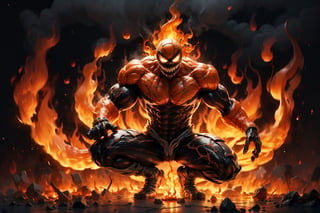 venom,embers,fire element, composed of fire elements, man, full body,burning,transparency,fire,flame skin,flame print,smoke,cloud,,, kaoitic background, aura, enegy, powerfull pose, replace the white in venom with orange, muscular,
