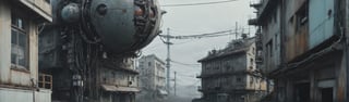 It generates a high-quality cinematic image by Simon Stålenhag, (panoramic view), sci-fi landscape, extreme details, ultra definition, extreme realism, high-quality lighting.

The viewer finds a small strange spherical high-tech artifact that crashed in a distopic cyberpunk downtown neighborhood, the doomsday has started, some intrincate detailed sci-fi futuristic buildings was built over the old buildings of a Japanese downtown neighborhood, from below.

(great composition), (aureal composition), (great art).
(scifi high tech), (mechanical aesthetic), (circuits in the walls), (High Tension Power Lines), (distopic future), (rust and decay), (mysterious alien's spaceships appear in the distance), (heavy machinery), (cyberpunk adjuncts), (wires and cables), (wind), (fog), (rich of depth).

(cinematic), (monochrome), (masterpiece), (8k), (best quality), (great artist), (realistic), (photo realistic), (fine details), (intrincate detailed), (muted colors)