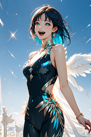 (Very beautiful cute girl like an angel), Beautiful detailed eyes, Detailed double eyelids, (Cute eyes,sleepy eyes,), Short detailed hair See-through bangs, Breasts sharp focus, Beautiful detailed face and eyes, Droopy eyes, BREAK (Super Gloss Metallic Coral Aqua Transparent Holographic Suit: 1.5), (Super Tight Fit Holographic Suit, Super Reflective Surface: 1.5), (Super Tight Fit Holographic Suit: 1.5), (Super Reflective Holographic Suit: 1.5) , (Standing height: 1.5), Small nose, (Busty chest: 1.3), (Open mouth and sleepy eyes smiling happily: 1.5), Permanent, ((fluorescent multicolored hair:1.5) and short details) ), Beautiful legs, (Best quality: 1.2), Raw photo, High resolution, Perfect details, Professional photography, Professional lighting, Strong lighting on the bodysuit, Outdoor photography, Long legs,phaser_dancing