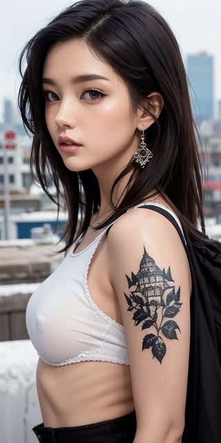 a beautiful young black mixed race girl with a tattoo, oval face, frosty lips, small earrings,intricate high quality details,city background  photorealistic