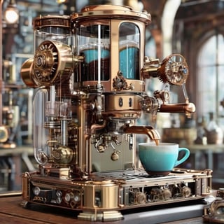 made of glass coffe-machine, details, steampunk style, augmented, metal_body, beautiful_colours, 4K,  HZ Steampunk