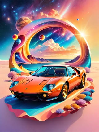 "Conceive an enchanting fusion of futuristic galaxy art seamlessly merging with vintage design elements, harmoniously converging within a T-shirt graphic. Marry the iconic allure of a 1966 Lamborghini Miura with the captivating vista of a sky adorned with clouds, overlooking the sea and the radiant sun. Employ an interplay of dynamic colors and gradients to meticulously craft a photorealistic masterpiece, encapsulated within a flat design structure. Infuse the artwork with vibrant, lively shades while upholding the precision of a detailed vector composition. Frame this captivating tableau against the backdrop of a sunlit sky meeting the sea, presented isometrically against a backdrop of pristine white. The result is a composition that exudes professionalism, vibrancy, and artistic elegance."