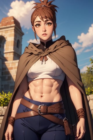 (masterpiece, best quality, ultra-detailed, 8K),High detailed, picture perfect face,blush,,perfect female body,slim waist,thic hips,abs,pink lips,hand behind head,dotamarci,marci, bangs, brown hair, (brown eyes:1.5), ponytail, short ponytail, belt, cape, armor, cloak, pouch, brown belt, belt pouch, looking at viewer,outdoors,