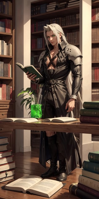 Sephiroth (Final Fantasy),underground lab,library,reading book, piles of books, confounded, confused, glass containment tubes with green liquid, table full of books,omnious dim ligthning,candelabra,fantast,scifi,