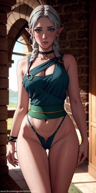 masterpiece,best quality,ultra-detailed,8K,High detailed, picture perfect face,blush,freckled,elf,Fymryn,(blue eyes,iridescent eyes),cute,charming,alluring,innocent,sexy,(grey hair),twin braid,perfect female body,slim,thicc hips,hourglass body shape,pink lips, rings,choker,circlet,green sash,sleeveless, bare shoulders,thong,pubic hair,