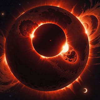 (Masterpiece),best quality,8k,hd,fantasy,A perfect solar eclipse,the moon turns red, the corona of the sun is flaring wildly,High detailed,colorful,