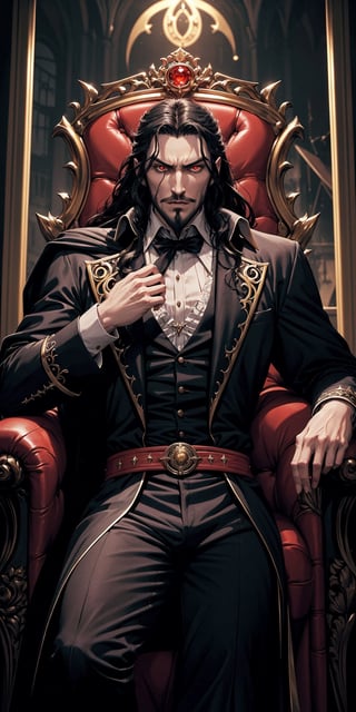 masterpiece,best quality,ultra-detailed,High detailed,picture-perfect face,man,manly,black hair,short beard,confident,arrogant,long hair,curly hair,red glowing eyes,fangs,dracula,castlevania,konami,infront of gothic castle,red and black vamiper attire,ornate and intricate,gold trim,belt,epic pose,fantasy,town,draculacastlevania
on his gothic throne,glass of red wine,