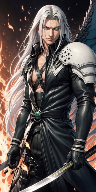 Sephiroth (Final Fantasy),single white wing,one winged angel wing,green glowing eyes,arrogant,manly,confident,fantasy,scifi masamune,extremely long katana,dramatic,fire,