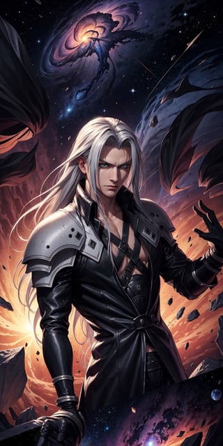 Sephiroth (Final Fantasy),arrogant,manly,confident,extending one hand,pov,hand extended to viewer,upper body shot, 
on comet in space,giant seahorseshaped nebula background,fantasy,scifi,