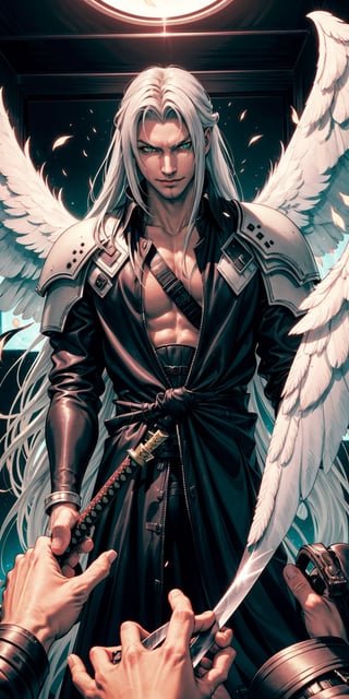 Sephiroth (Final Fantasy),manly,arrogant,green eye glow,omnious smile,(single white wing),one winged angel wing,arrogant,manly,confident,pov,fantasy,scifi,(stabbing viewer with katana),bloodspray,
