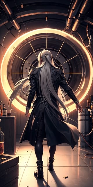 Sephiroth (Final Fantasy),from behind,inside reactor,metallic starcase,breaking giant glass containment tube,