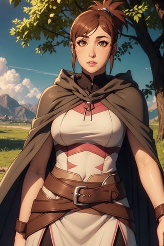 (masterpiece, best quality, ultra-detailed, 8K),High detailed, picture perfect face,blush,,perfect female body,slim waist,thic hips,abs,pink lips,hand behind head,dotamarci,marci, bangs, brown hair, (brown eyes:1.5), ponytail, short ponytail, belt, cape, armor, cloak, pouch, brown belt, belt pouch, looking at viewer,outdoors,