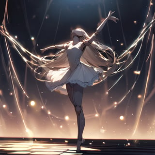 [(dollgirl,doll joints:1.2):(dollgirl,doll joints:1.5):15],holy ray,ballet outfit, Tyndall effect,(light particles:1.2),1girl, solo, dress, expressionless, looking up,chin up, tiptoes, white dress,floating long hair,marionette, puppet,(puppet strings:1.4),simple background,dynamic pose, dancing,ballet pose,on stage, full body, ripple,reflection,from side, from below,arms wide open, , spotlight,  robot_skin, android_skin