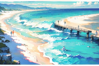 no_human, panoramic, shore, beach_bg, bg_people, crowd, ocean, watercolor,line anime,watercolor,coloured glaze