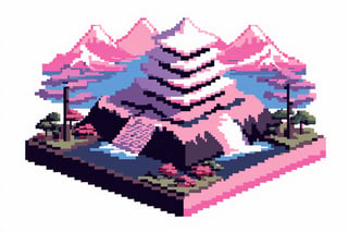 pixel art, 64bit, pixart, pixel_art,Pixel Art, cute, beautiful, synthwave, mountain fuji, on island, no base, clouds swirling Mt Fuji, 3d (isometric), cool color, (simple background, white background), pixel style,pixel style,cyberpunk style,cyberpunk
