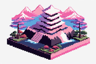 pixel art, 64bit, pixart, pixel_art,Pixel Art, cute, beautiful, synthwave, mountain fuji, on island, no base, clouds swirling Mt Fuji, 3d (isometric), cool color, (simple background, white background), pixel style,pixel style,cyberpunk style,cyberpunk