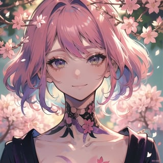 (masterpiece), (detailed), close_up, face_focus, facing_viewer, pink_hair, multicolor_hair, purple_hair, breasts, looking_at_viewer, 6'2, emerald eyes, yakuza, pink_cherry_blossome_tattoos, sakura_tattoo_on_right_neck_,only, flower_tatto, smile,