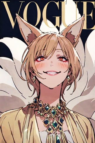 Upper body, milf, kitsune, nine tails, 9 tails, looking_upward, looking_up, (yandere), grinning, blush, smirk, confident, nonchalant, rich, jewelries, accessories,Vogue