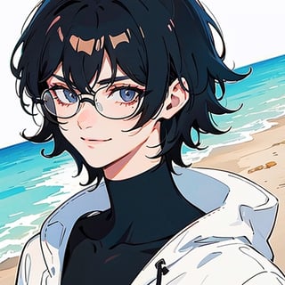 (detailed), (super_ close_up), looking_at_viewer, facing_viewer, short hair, boy, anime, cool color palette,flat color, 6'2,mature close_up, man, highschool, smile, sideburns, white_jacket, black_shirt, black_hair, messy_hair, red_ombre, blunt_bangs, black_eyes, off_shoulders, simple_background, black_frame_spectacles, beach_bg, ocean, watercolor