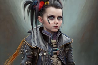 cute punk scull girl, mad max jacket, renaissance, cables on her body, hyper realistic style, oil painting, fantasy by Olga Fedorova, professionnel design,  8k, ultra hd, full body